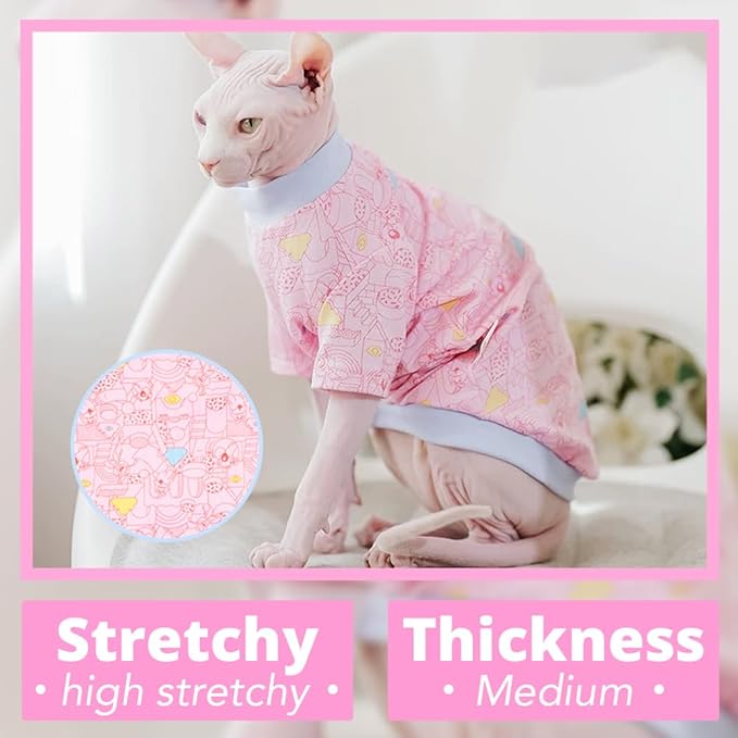 Sphynx Cat Clothes, Hairless Cat Shirt, Soft Stretchy Sweater for Cats, Breathable Cat Daily Outfit, Pullover for Cornish Rex, Devon Rex (Pink Cartoon, M (3.5-5lbs))