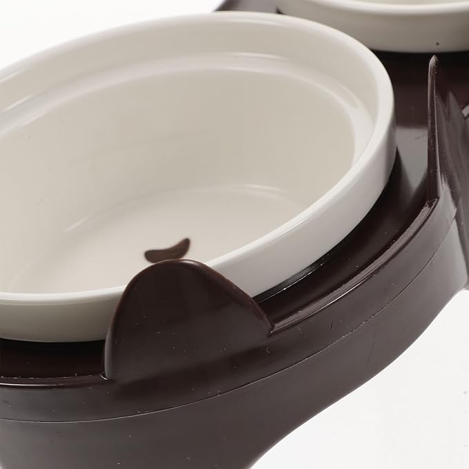 Ceramic Elevated Cat Bowl Set with Thick Double Bowls and Brown Sturdy Stand, Angled Feeding and Watering Dish for Indoor Cats and Kittens