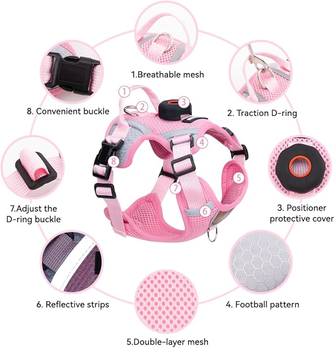Cat Harness and Leash Set with AirTag Holder: Upgraded Escape Proof Vest with Lead for Small Dog Puppy Large Cat Walking，Soft Breathable Mesh Coat with Reflective Strip (Pink, M)