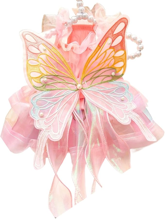Rainbow Butterfly Princess Pet Skirt with D-Ring - Lace Tutu Set, Suitable for Puppies/Kittens, Chihuahuas, Yorkins, and Pomeranians | Holiday and Daily Wear (Rainbow-Butterfly, Large)