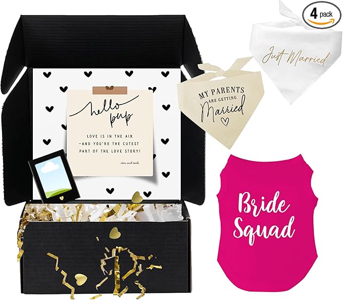 Dog Bridal Wedding Gift Box – 2 Cotton Bandanas (My Parents are Getting Married, Just Married) 1 Bride Squad Dog Tee & Magnetic Photo Frame 2.5" x3,5|Hot Pink, Large 40