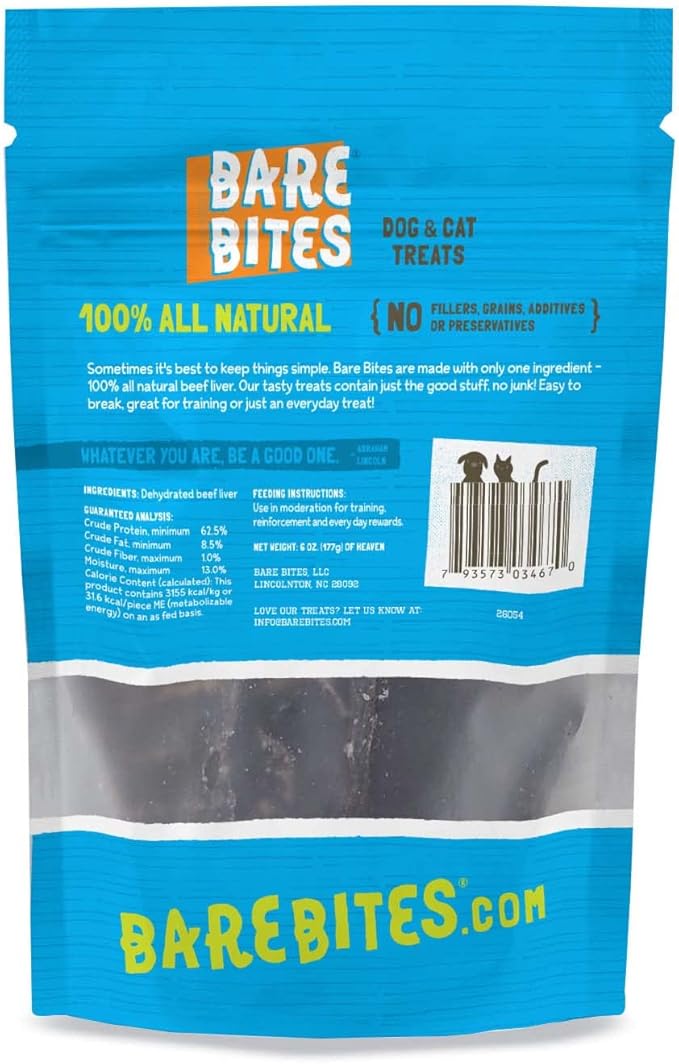 Bare Bites - 100% All Natural Dehydrated Beef Liver Dog and Cat Treats (6 Ounce Bag) (6 Ounce Bag)