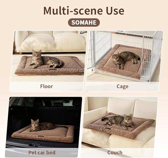 SOMAHE Cat & Dog Bed Mat, Soft Plush Flat Cat Bed with Non-Slip Bottom, 1.2" Thick All-Season Kneading Cushion, Machine Washable Pet Bed for Cats & Small Dogs 20×27Inch, Coffee