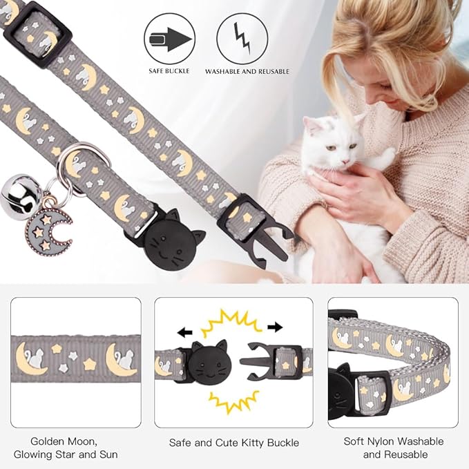 Baeuppit 2Pcs Breakaway Cats Collars Cat Collars for Boy & Girl Cats Adjustable Kitten Collars with Bell,Black+Gray