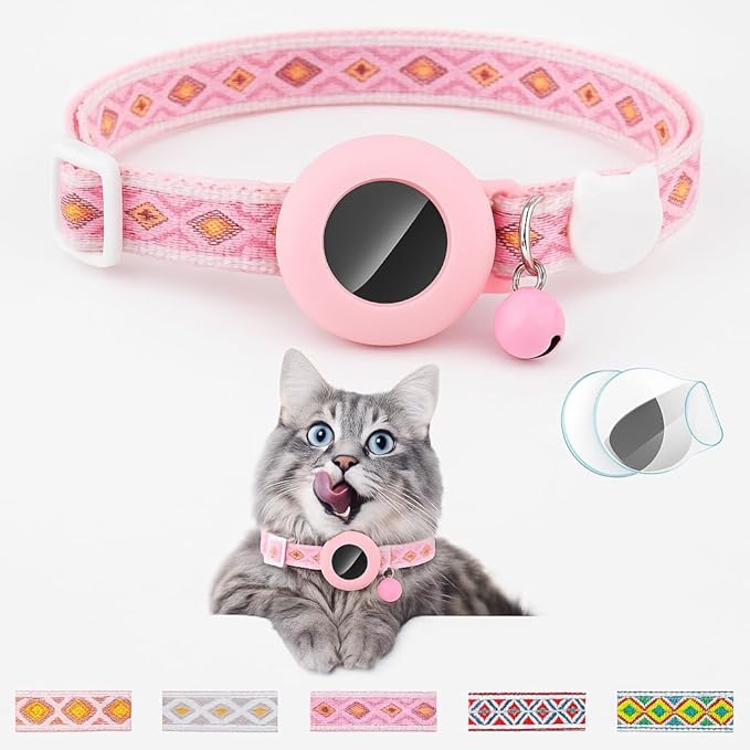 Cat Collar with AirTag Holder – Breakaway Lightweight Woven Cat Collar, Adjustable with Bell for Cats & Kittens (Blossom Charm)| Amazegoods