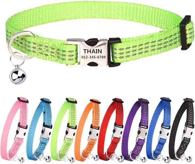 THAIN Cat Collar Personalized Reflective with Bell-Custom Cat Collar Engraved nameplate with Name and Phone,Adjustable for Cats and Kitten (Green)