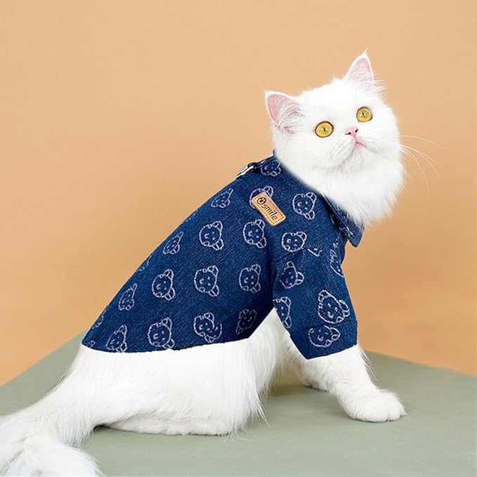 Unisex Pet Denim Shirt for Cats & Small Dogs, Soft Washed Denim, Collared Button Down with Back D-Ring, Breathable Cotton, Spring/Summer/Fall (X-Small, Shirt-Dark Blue with Bear)