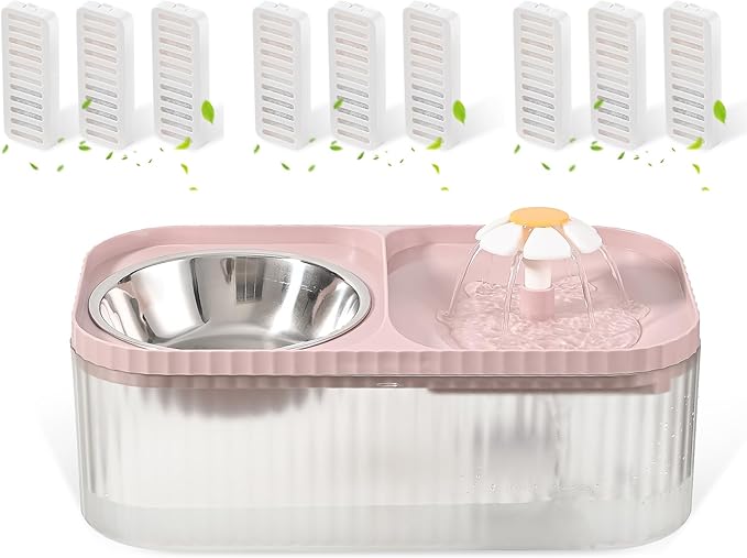 Cat Water Fountain and Food Bowl + 9 Pcs Filters (Pink)