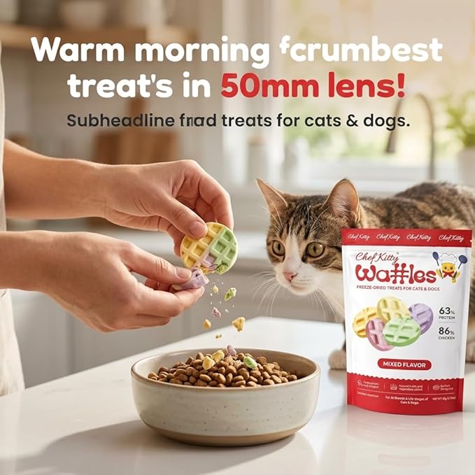 Waffle Freeze Dried Chicken Cat Treats | Healthy Kitten Treats Inspected in USA | Human Grade Dog & Cat Food Toppers | Without Additives, 4 Flavors, 2.1 oz