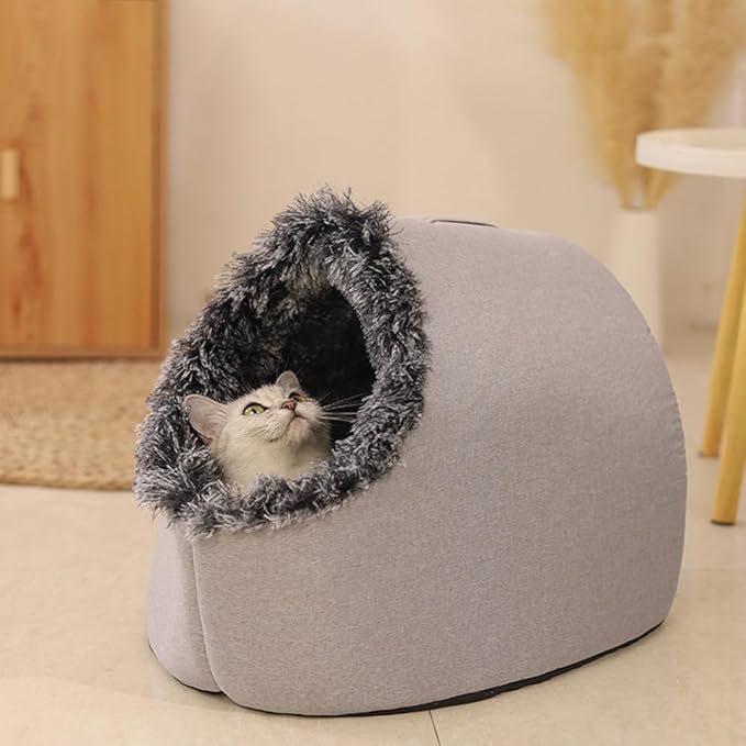 Plush Cat Cave Bed for Indoor Cats & Small Dogs - Fluffy Covered Pet House, Self-Warming Removeble Dog Bed with Anti-Slip Bottom, Washable Cat Hideaway Hut (gary02, Medium)