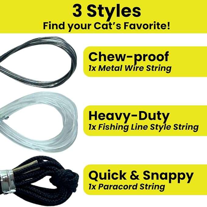 Cat Toy String Replacement 3-Pack - Chew Proof Metal Wire, Cat Wand String Replacement Variety Pack, Official Cat Toy Refill Strings for Forever Stick Cat Toy Wand, Transparent Fishing Line Nylon Cord
