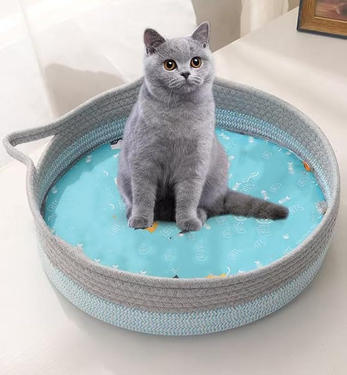 16.5IN Cat Basket, Cotton Rope Weaving Pet Nest, Wicker Woven Cat Bed, Hand Woven Cotton Rope Cats Bed, for Indoor Small & Large Pet,Gray
