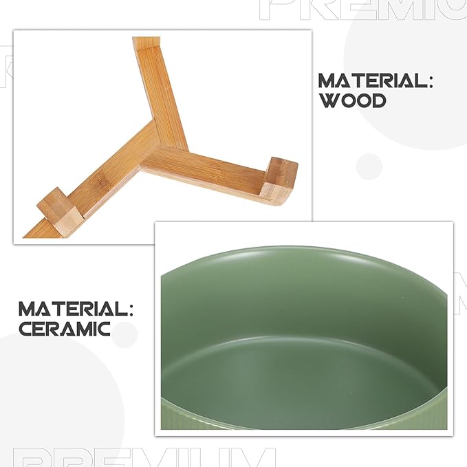 Ceramic Cat and Dog Feeding Bowl Set with Wood Stand, Non-Slip Raised Double Bowls for Pets, Matte Green Finish, Suitable for Indoor Feeding and Watering