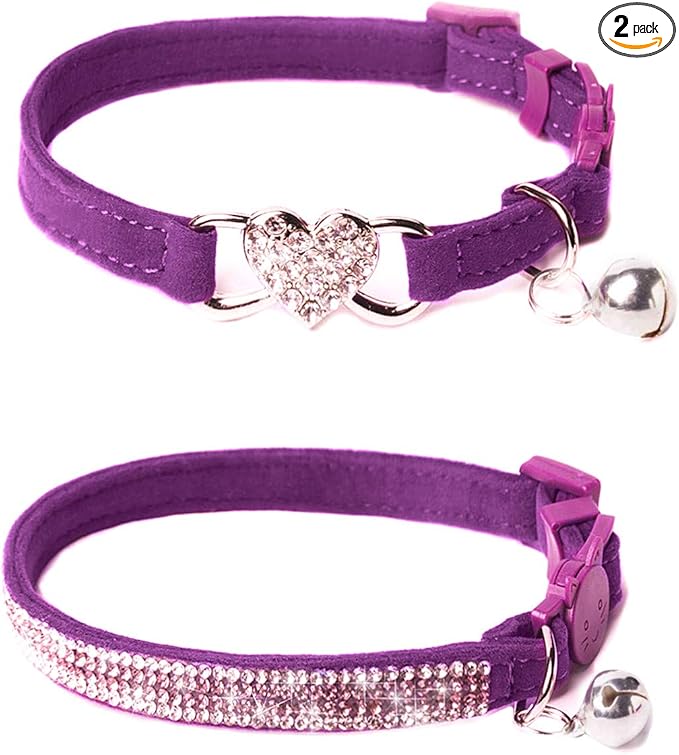 BoomBone Rhinestone Cat Breakaway Collar Pack of 2 Purple Kitten Collars with Bell