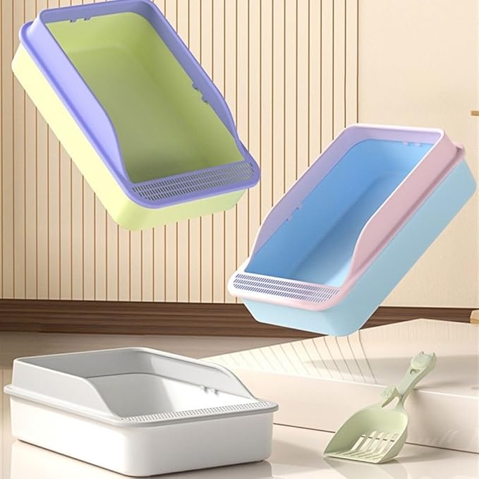 Pet Supplies, Open Top Cat Litter Box with High Sides & Detachable Basin, Includes Shovel(Pink)