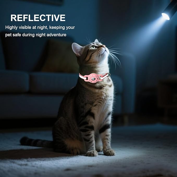 Reflective Cat Collar with Airtag Holder Breakaway Safety Airtag Kitten Collars with Bell for Female Girl Cats,Pink
