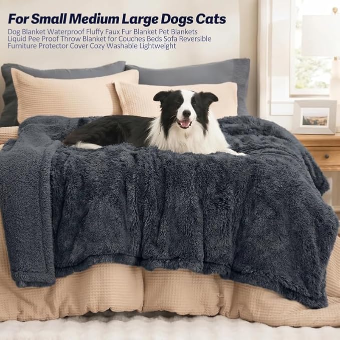 Black Waterproof Calming Pet Blankets for Dogs Reversible Long Faux Fur Fluffy Blanket for Doggie Cats Sherpa Fleece Warm Couch Sofa Beds Covers (Black,L-65x57in)