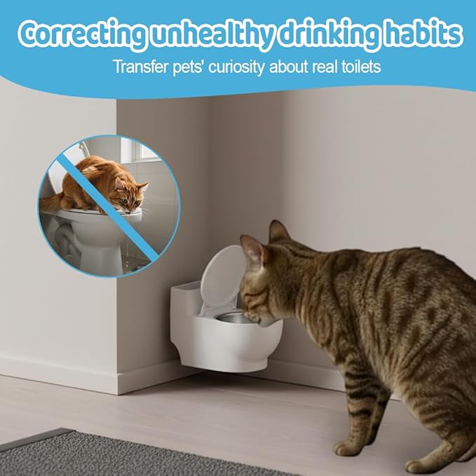 Toilet Shape Cat Bowl, Wall Mounted Hanging Pet Feeder with Stainless Steel Bowl, Flip Lid Cover, Stop Cats Drinking from Toilet