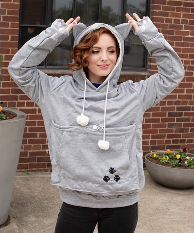 ALYC Unisex Hoodies Pet Holder Cat Dog Large Pouch Carriers Pullover with Cat Printing Sweatshirt (Light Grey- Classic Version, L)