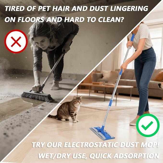 Electrostatic Dust Clip-On Mop for Pet Hair, 57" Adjustable Long Handle, 360° Rotating Head, 2 Reusable Static Cloths, 2 Microfiber Cloths & 1 Scraper, Ideal for Pet Loose Hair & Daily Dust Cleaning