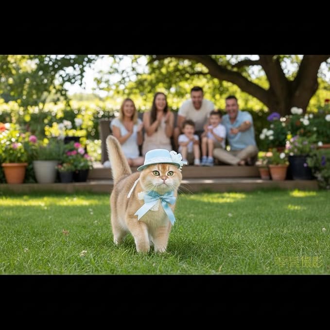 Lovelyshop Pet Bonnet Hat and Bowtie Set for Small Dogs Cats Puppy Kitten, Light Blue, Lace Vintage Spring Summer Style, Adjustable Tie