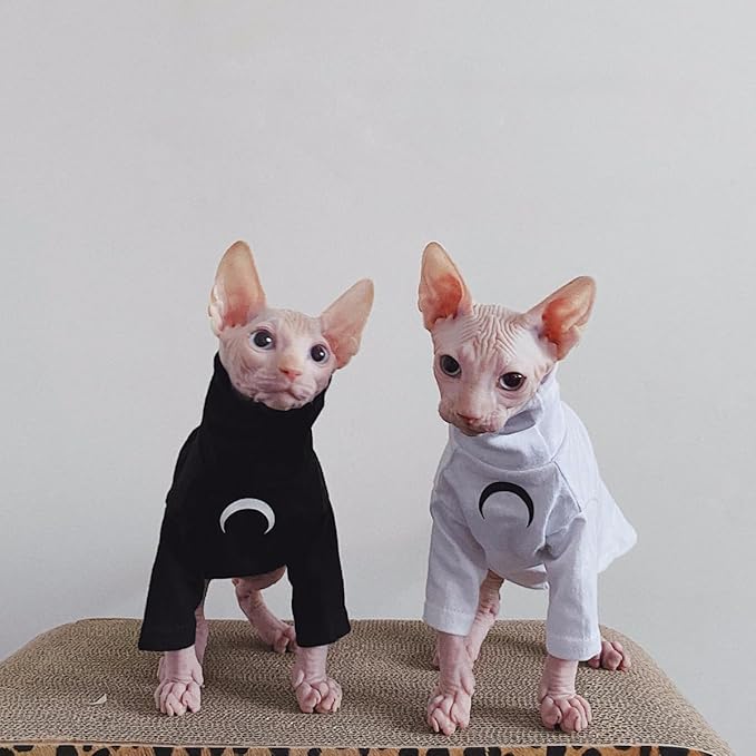 Sphynx Cat Clothes, Moon Print Turtleneck Cotton T-Shirt for Devon Rex Sphynx Cats (Black Long Sleeve, Large)