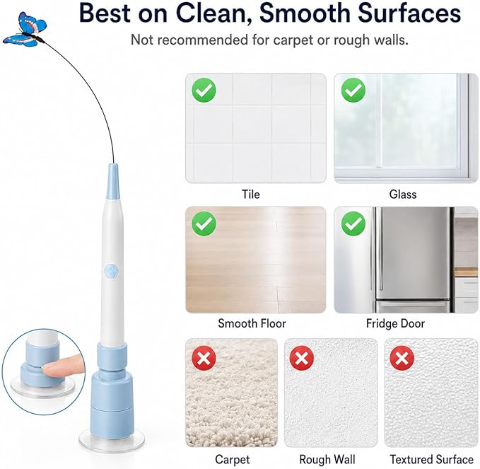 Rechargeable Butterfly Cat Toy for Indoor Cats, Electric Cat Wand with Suction Cup Base, 2 Play Modes, Self-Play & Handheld Cat Wand with 5 Cloth-Buckle Butterfly Refills, Blue