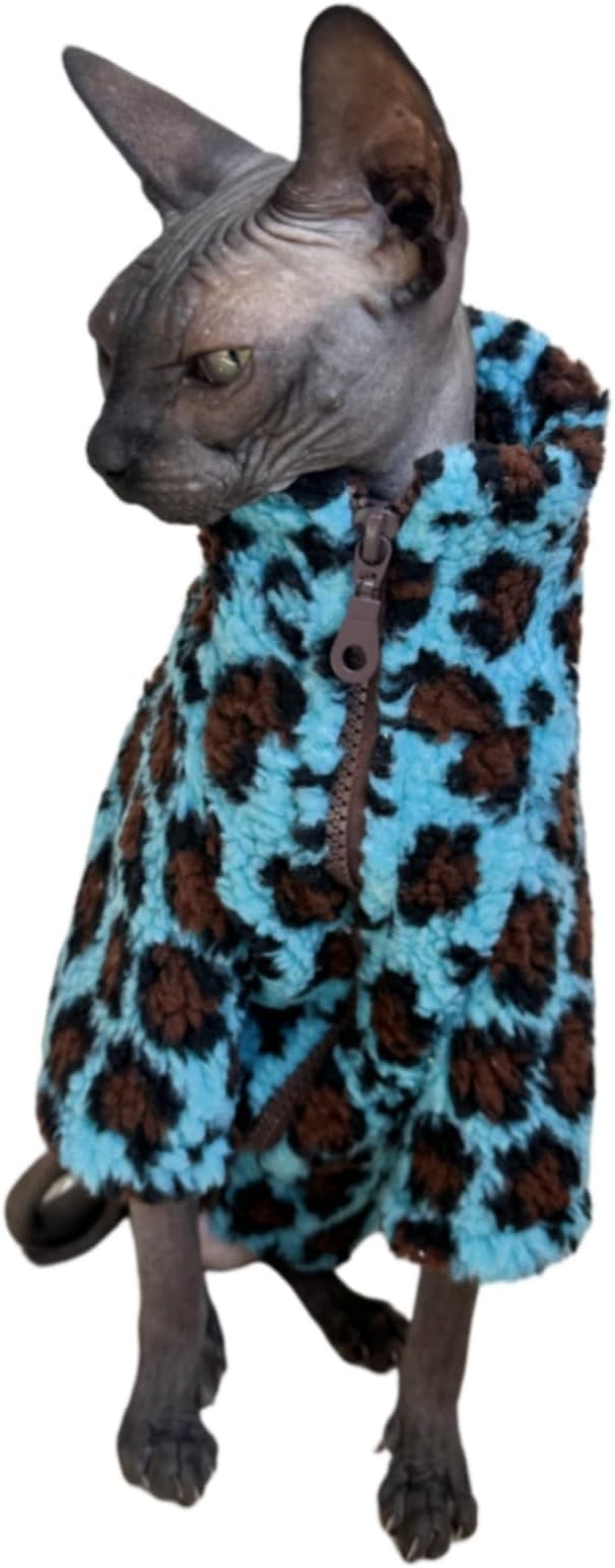 Turtleneck Sphynx Cat Winter Clothes, Double-Sided Fleece Jacket with Zipper, Sweater for Sphynx Cat Winter Warm Outfit Coat for Hairless Cats and Small Dogs Apparel with Sleeves (Leopard, Large)