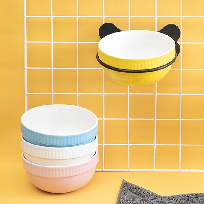 TOYANDONA Multi-Function Hanging Ceramic Pet Bowl Set with Tilted Iron Stand, Yellow Fishbone Planet Design, Suitable for Cats and Puppies Feeding and Watering