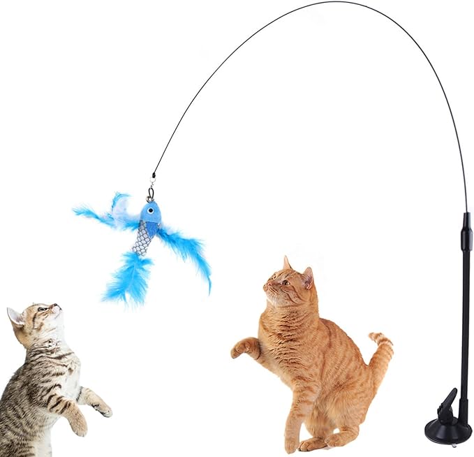 VINGVO Suction Cup Cat Toys for Indoor Cats, Cat Toy Handheld Teaser Wand Toy Interactive Cat Toy Hanging Door Kitten Toys for Kitty Kitten Scratching Exercise Indoor (Blue