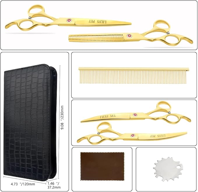 Professional PET DOG Grooming Coated Titanium scissors suit Cutting&Curved&Thinning shears (7.0 inches, Gold)…
