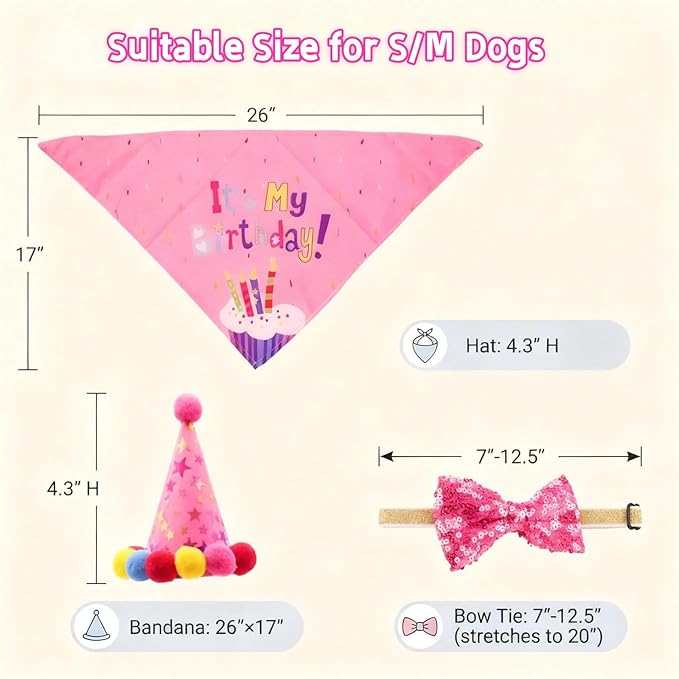 Pet Birthday Party Set with Hat and Bandana for Dogs and Cats with Star Pattern Design, Adjustable Sequin Bow tie Accessories, Pink Birthday Girl Scarf (Pink)