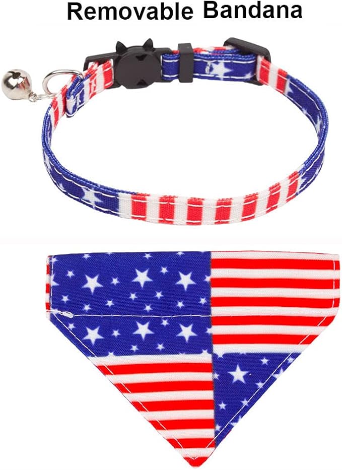 ADOGGYGO American Flag Cat Collar with Removable Bowtie Bandana, Breakaway Patriotic Kitten Collars for Cat Kitten (4th of July)
