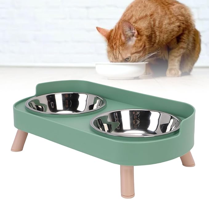 AYNEFY Elevated Cat Bowl,Tilt Proof Stainless Steel Integrated Double Elevated Pet Water Food Bowl Raised Cat Food and Water Dish for Cats and Small Dogs (Avocado Green)