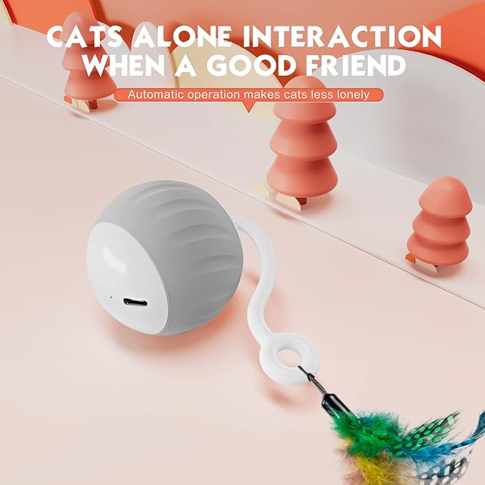 Upgraded Interactive Cat Toys Ball for Indoor Cats - Cat Ball Features Touch and Voice Activation, 2 Speed Settings (Fast and Slow), Interchangeable Tail Attachments for Bored Indoor Cats (Grey)