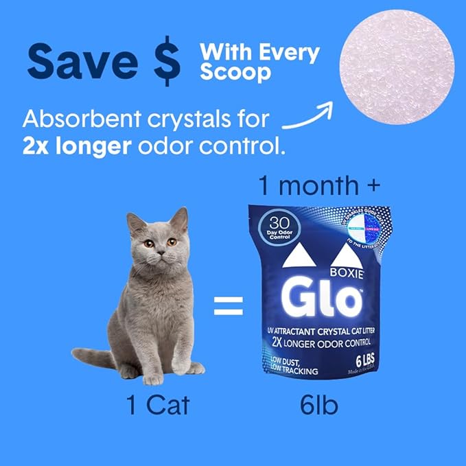 Boxie® Glo™ 30 Day Odor Control Non-Clumping Crystal Cat Litter, 6 lb, Natural Attractions, UV Light Attractant, Soft Granules, 99.9% Dust-Free, Long-Lasting for Multi-Cat Homes