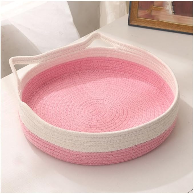 16.5IN Cat Basket, Cotton Rope Weaving Pet Nest, Wicker Woven Cat Bed, Hand Woven Cotton Rope Cats Bed, for Indoor Small & Large Pet,Pink