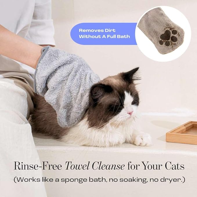 Concentrated Cat Waterless Shampoo & Conditioner with Bath Mitt - Rinse-Free, Sensitive Skin, Stress & Itch Relief Gentle Leave-in Serum – 98.65% Naturally Derived Dry Shampoo for Cats