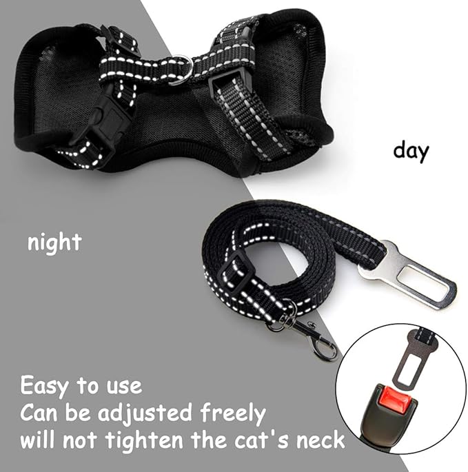 AWOOF Reflective Kitten Harness and Leash Escape Proof with Car Seat Belt, Adjustable Cat Puppy Walking Jacket with Metal Leash Ring, Soft Breathable Small Pet Vest (M)