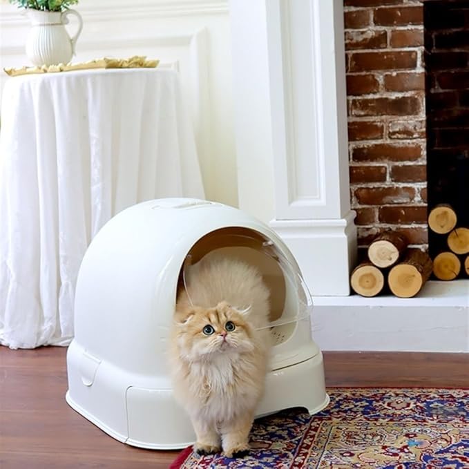 Pet Supplies, Enclosed Hooded Cat Litter Box with Handle,Portable Privacy Drawer Toilet(White)