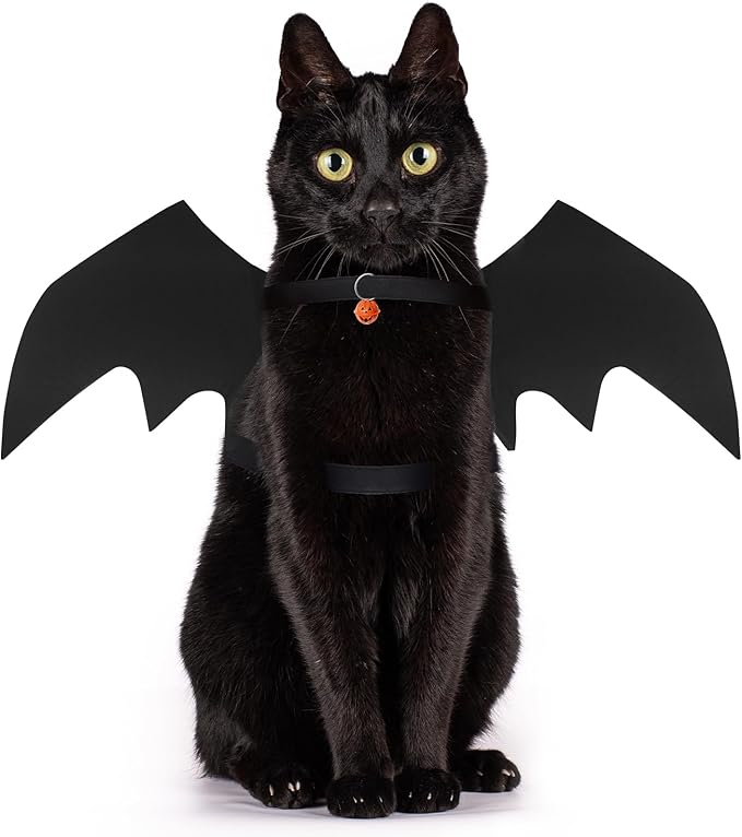 OLANRUN Cat Halloween Costume, Cat Costumes, Small Dog Halloween Costumes - Bat Wing with Pumpkin Bell for Pet Halloween Cosplay Party Dress Up Accessories (Small)