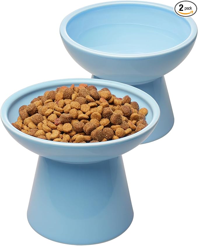 CEEFU 2 Elevated Ceramic Cat Bowls Extra Wide for Food & Water – Whisker Fatigue Shallow Food Dish, Lead & Cadmium-Free, Raised Height for Cats, Blue