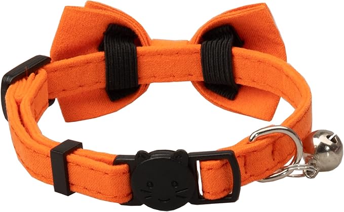 Cat Collar with Bow Tie Bell Breakaway Kitten Small Pet Safety Solid Wedding Basic Pure Color Suede Soft Adjustable [1pc] Orange