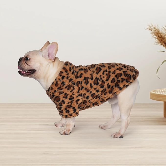 Leopard Print Dog Sweater – Stretchy Fleece Dog Turtleneck Sweatshirt for Puppies & Cats, Soft & Warm Pet Winter Clothes for Small, Medium & Large Dogs (Coffee Brown, Medium/Large)