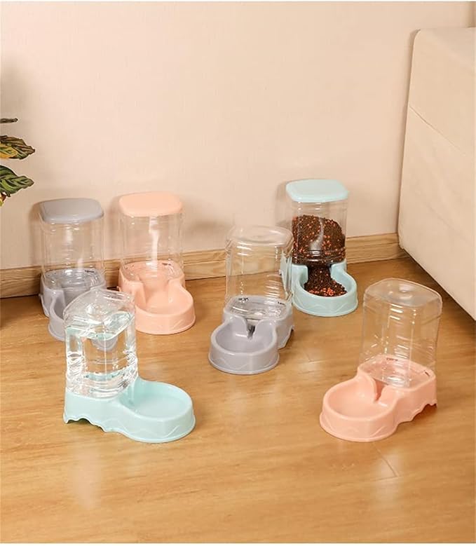 Pet Feeding Bowl and Water Dispenser with Refillable Storage Container Self-Dispensing 1 Gallon Large Capacity Cat Feeder, 3.8 Liters Capacity Dog Rabbit Waterer (Pink, for Food)