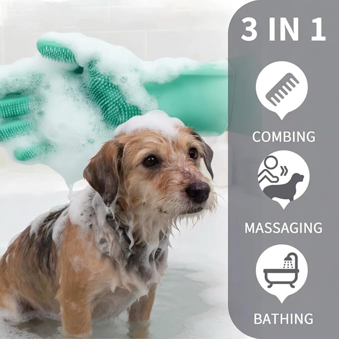 PETLUXE, Pet Grooming Gloves for Dogs & Cats, Silicone Deshedding Brush, Gentle Fur Remover, Bathing & Massage Gloves. 3 Colors Variation (Green)