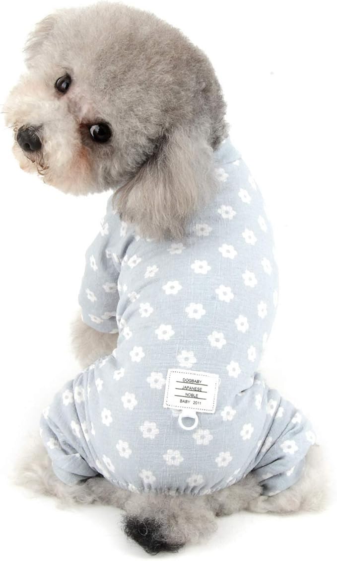 Floral Dog Pajamas Cat Pjs Sleepwear Breathable Soft Cotton Elastic Band Cat Apparel Pet Costume Rompers for Small Puppy Girls Shirts Doggies Jumpsuit Easy on Spring Summer Clothes Blue L