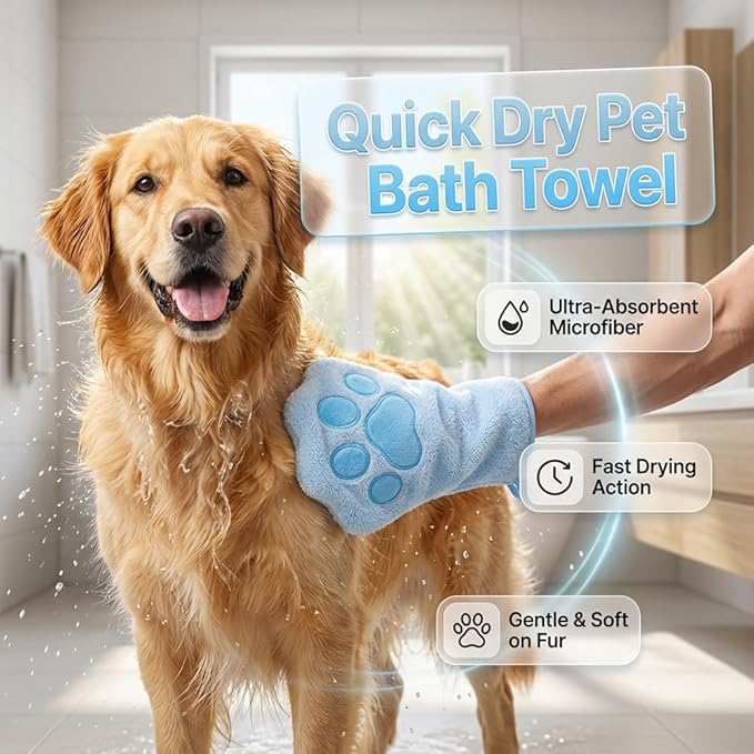 SENOY Paw Bathing Towel for Cats, Washable Reusable Coral Fleece Pet Drying Glove, Quick-Absorbent Cat Bathing Supplies with Hanging Loop, Soft Grooming Towel for Dogs & Cats (Blue-2pcs)