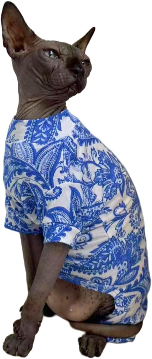 Sphynx Cat Four Leg Cotton Pajamas Elastic Pet Clothes for Hairless Cats Surgery Recovery Suit Undershirt Thermal Clothes for Sphynx, Devon, Cornish (Blue Porcelain, S)