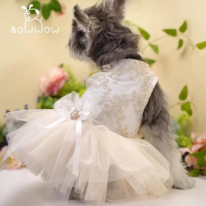 Princess Dog Wedding Dress - Embroidered Gown with Fluffy Tutu Skirt & Leash D-Ring, Formal Party Outfit for Small Dogs & Cats Like Chihuahua Yorkie (White Bow-Princess, Large)